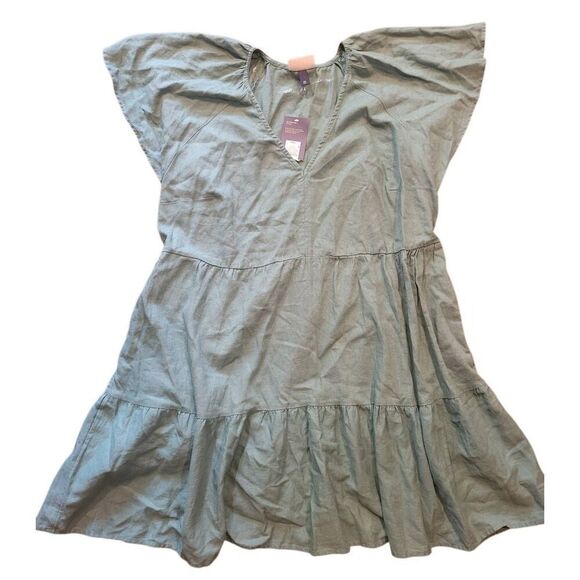 NWT Universal Thread Dress Women's XXL Green Flutter Sleeve Tiered Linen Blend - Picture 2 of 5